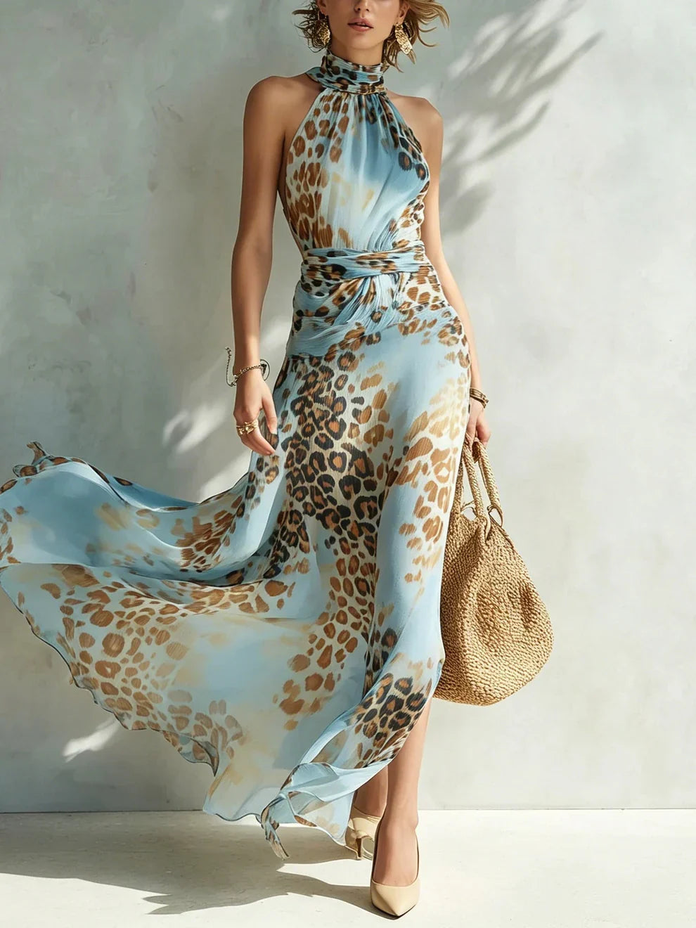 Eloria - Abito lungo leopardato con scollatura all'americana trasparente