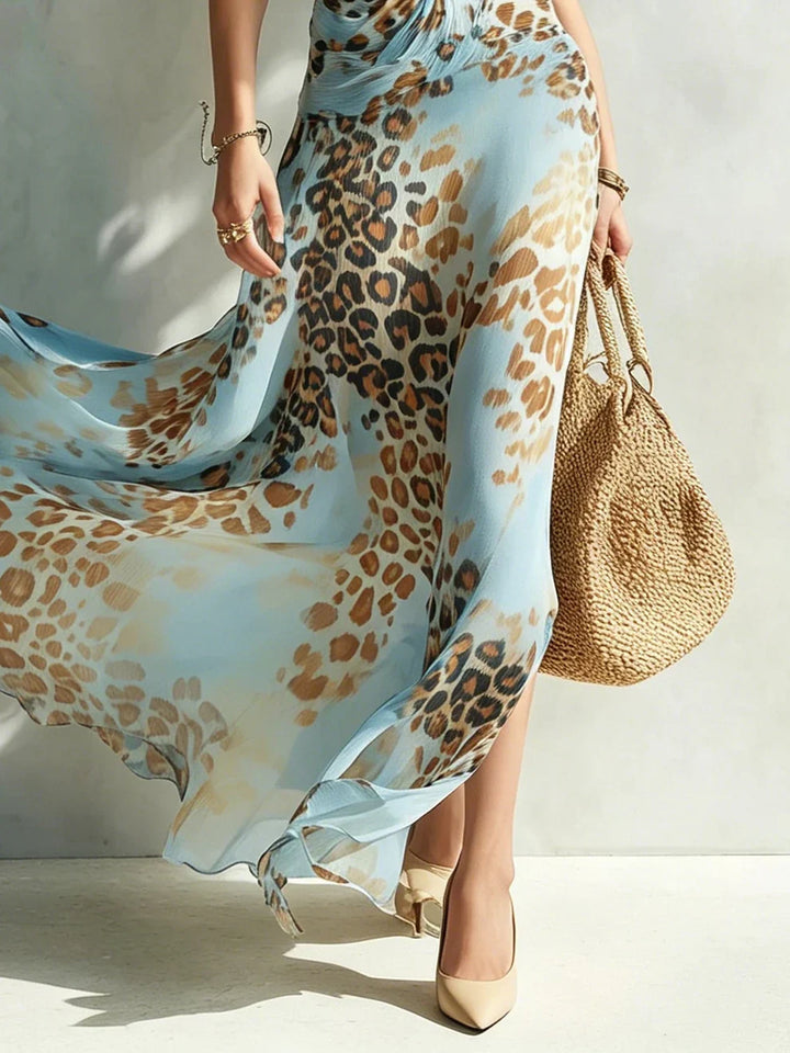 Eloria - Abito lungo leopardato con scollatura all'americana trasparente