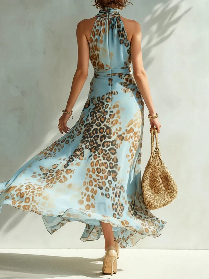 Eloria - Abito lungo leopardato con scollatura all'americana trasparente