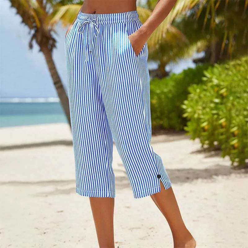 Roselina - Pantaloni capri a righe con coulisse