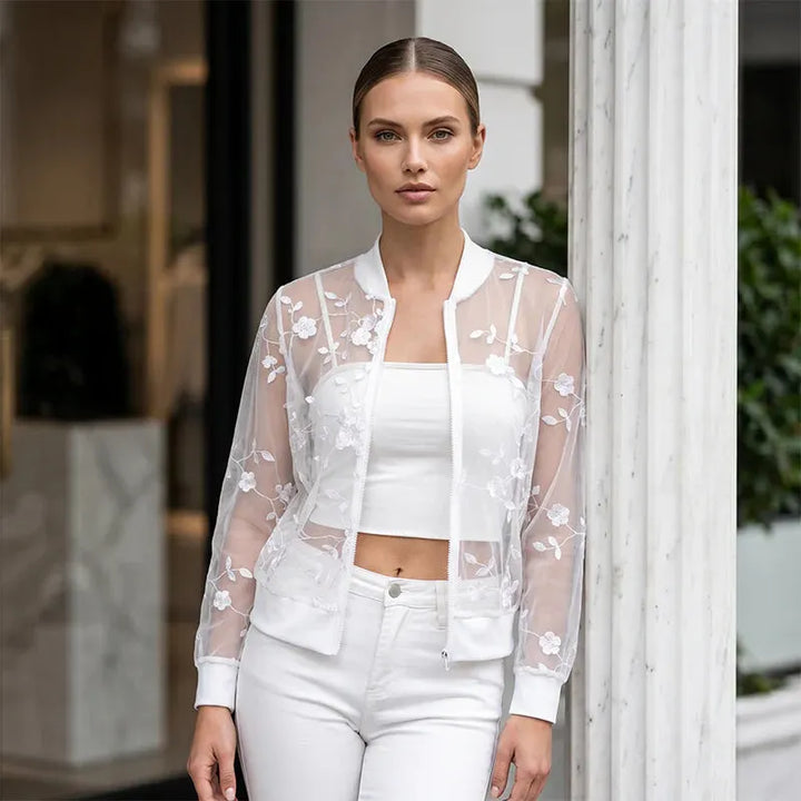 Aderisse - Cardigan trasparente con chiusura a zip e motivo floreale