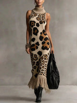 Oksana - Abito maxi con stampa leopardata e frange