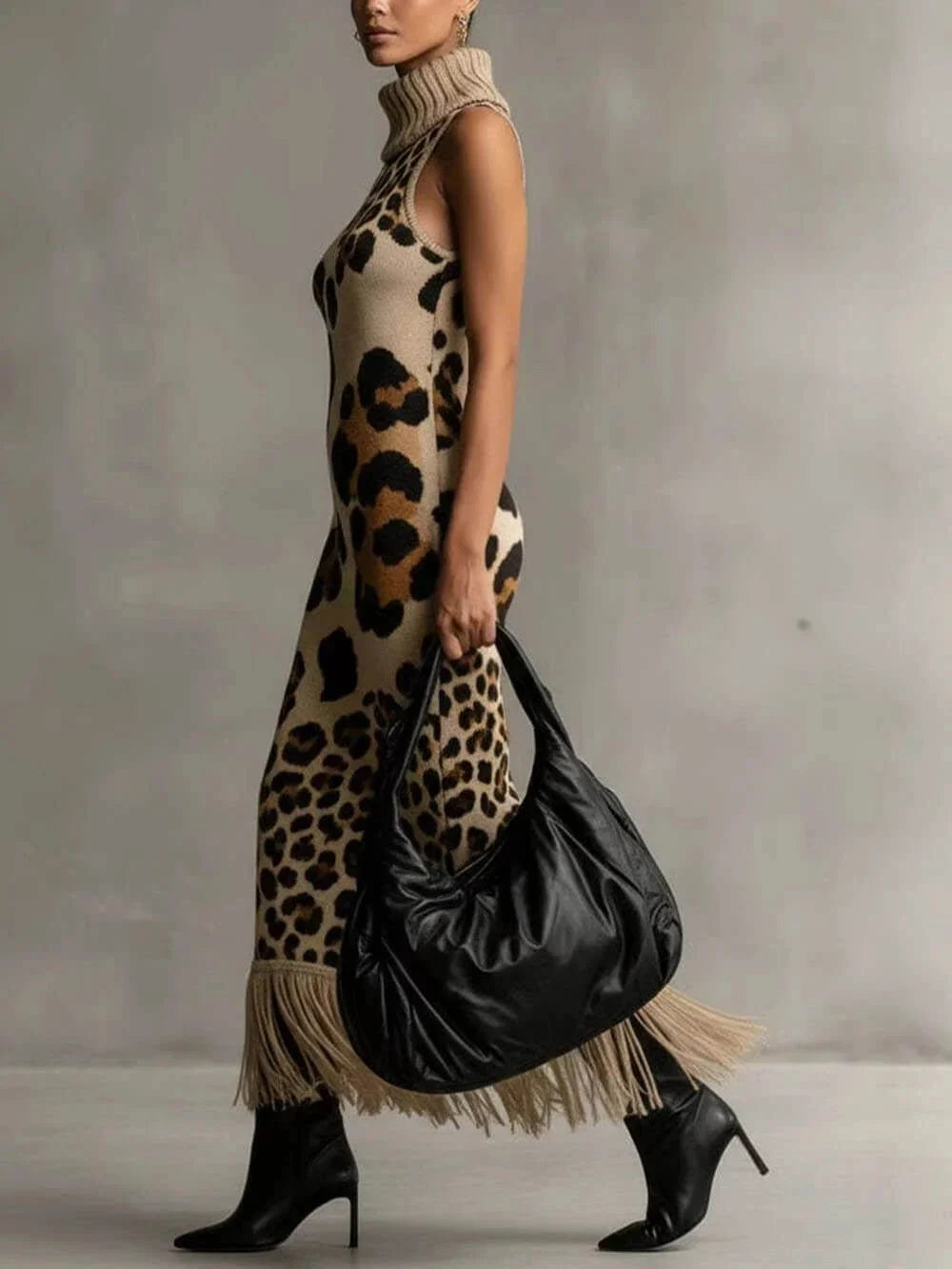 Oksana - Abito maxi con stampa leopardata e frange