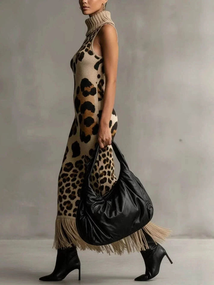 Oksana - Abito maxi con stampa leopardata e frange