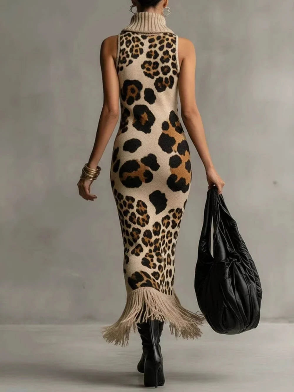 Oksana - Abito maxi con stampa leopardata e frange
