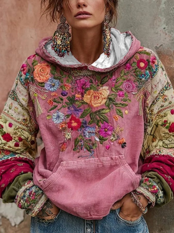 Norellia - Felpa boho ricamata con motivo floreale