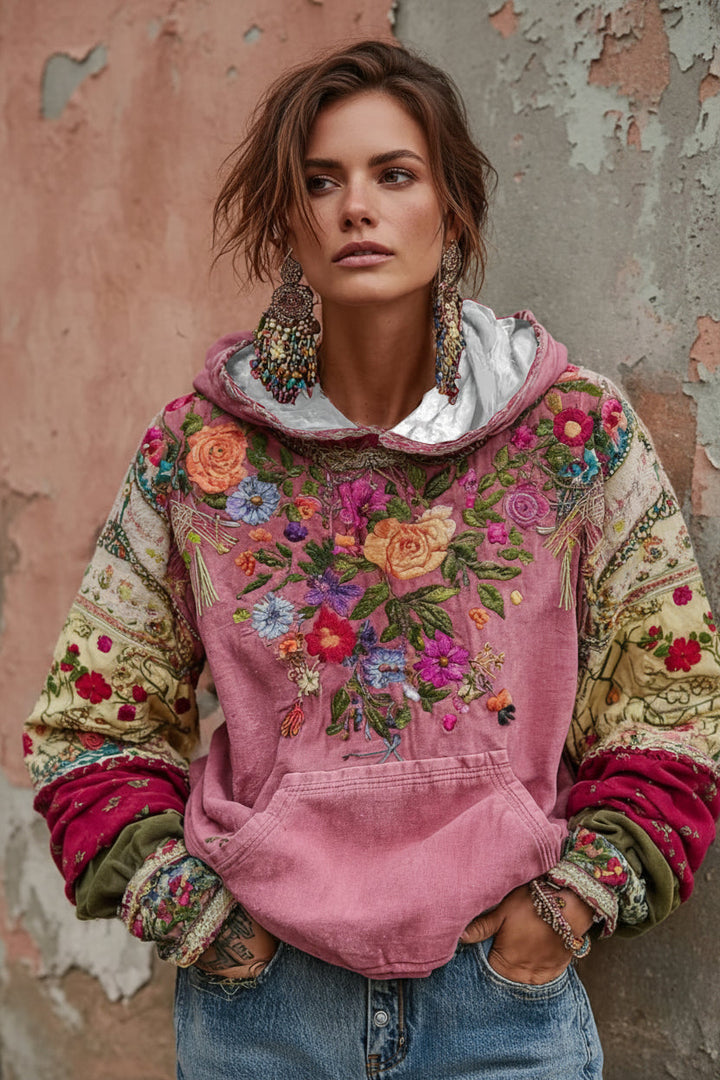 Mirevessa - Felpa con cappuccio ricamata a fiori morbida al tatto
