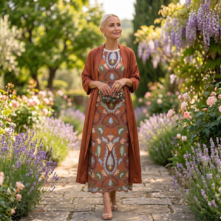 Lilith - Coordinato con abito midi stampato e cardigan lungo