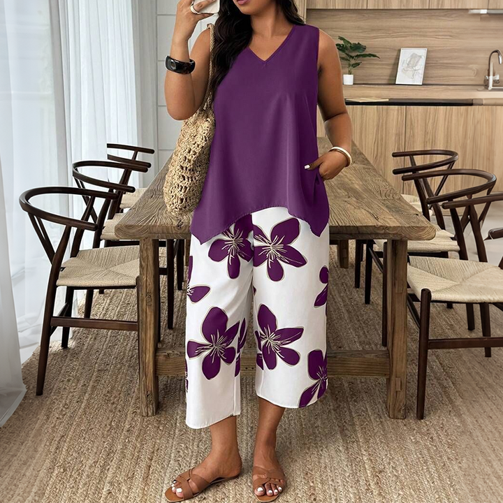 Marissa - Top asimmetrico soft touch e coordinato capri floreale