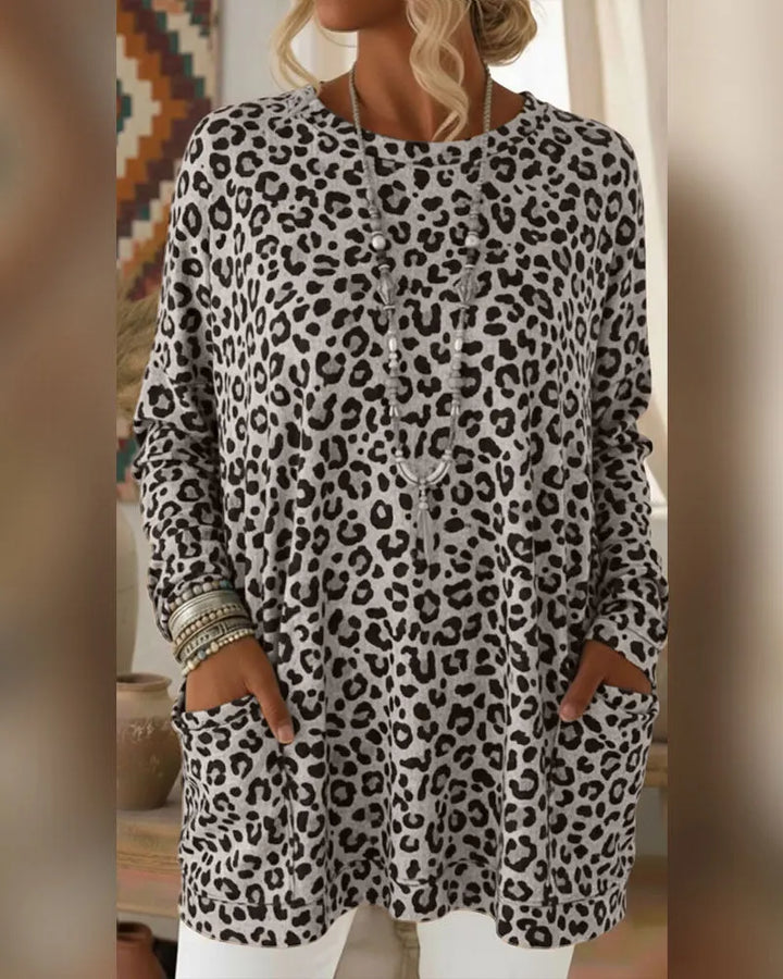 Primelia - Top a maniche lunghe leopardato, morbido al tatto
