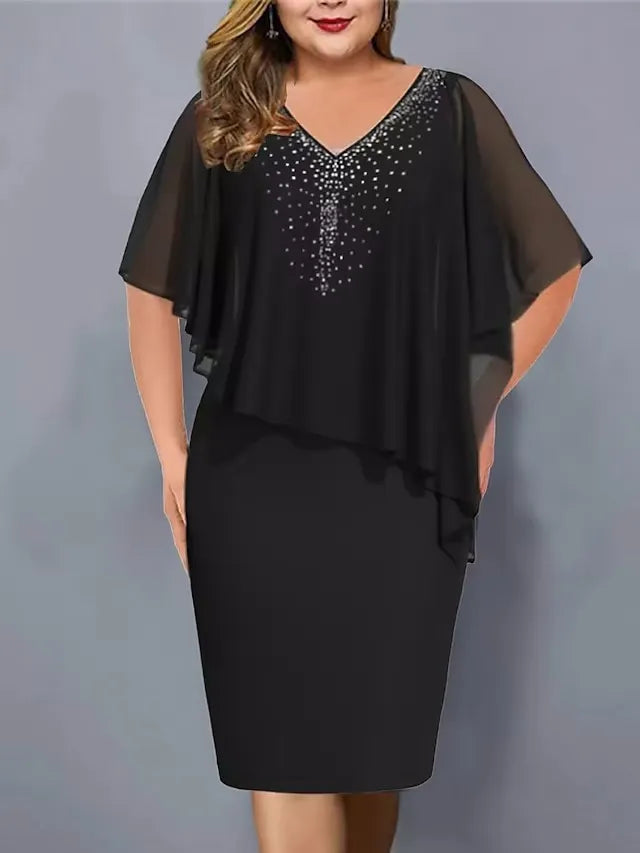 Lirienne - Abito midi in raso con scollo a V e strass di pregio