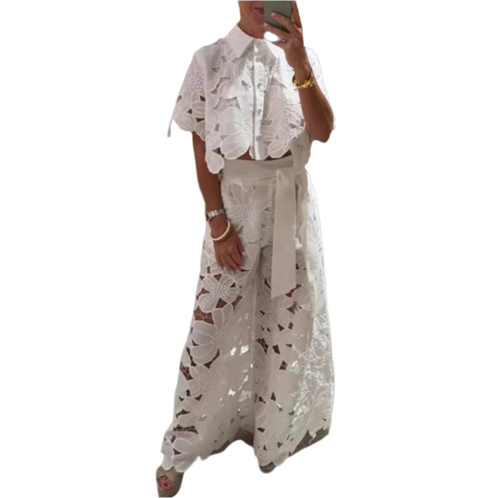 Celessia - Coordinato con blusa in pizzo floreale e pantaloni a gamba larga
