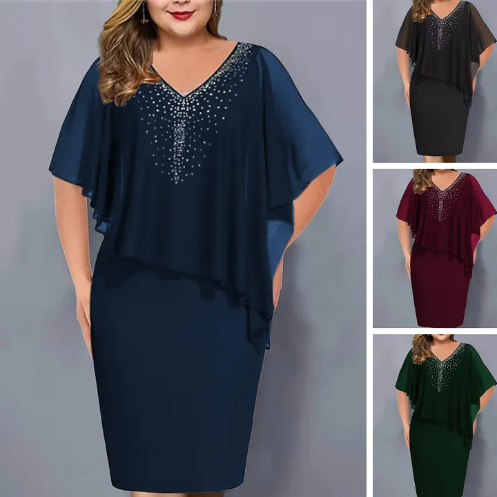 Lirienne - Abito midi in raso con scollo a V e strass di pregio
