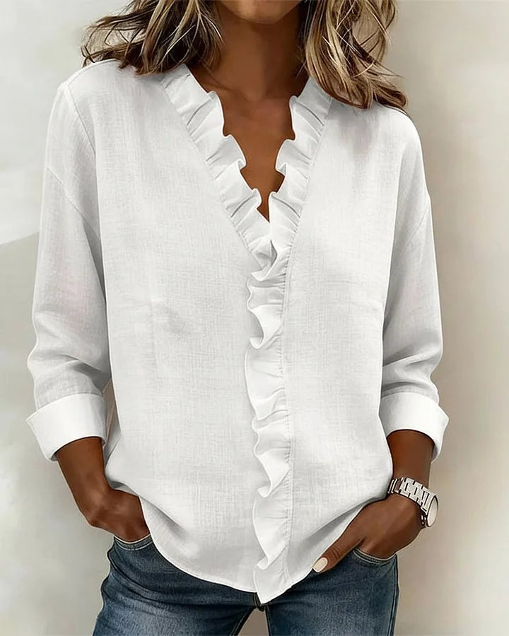 Brinae - Blusa a maniche lunghe con scollo a V arricciato, morbida al tatto