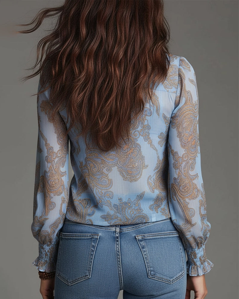 Norayi - Blusa in stampa soft-touch con maniche a volant e scollo a V