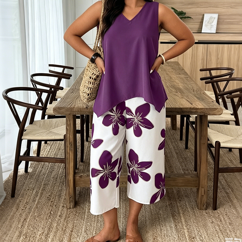 Marissa - Top asimmetrico soft touch e coordinato capri floreale
