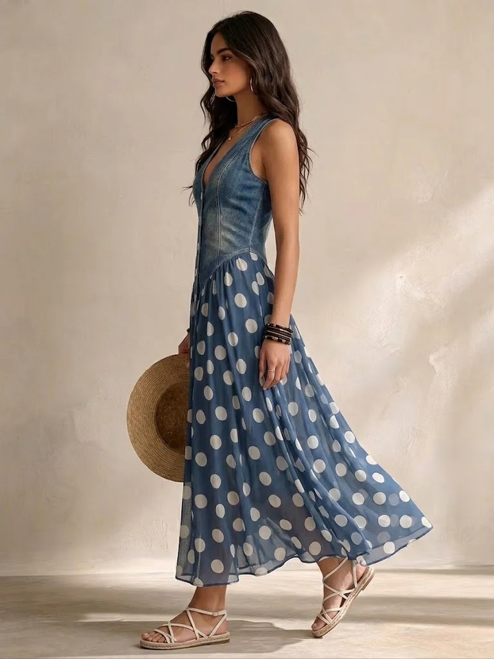 Ameliora - Abito a pois in mix di materiali