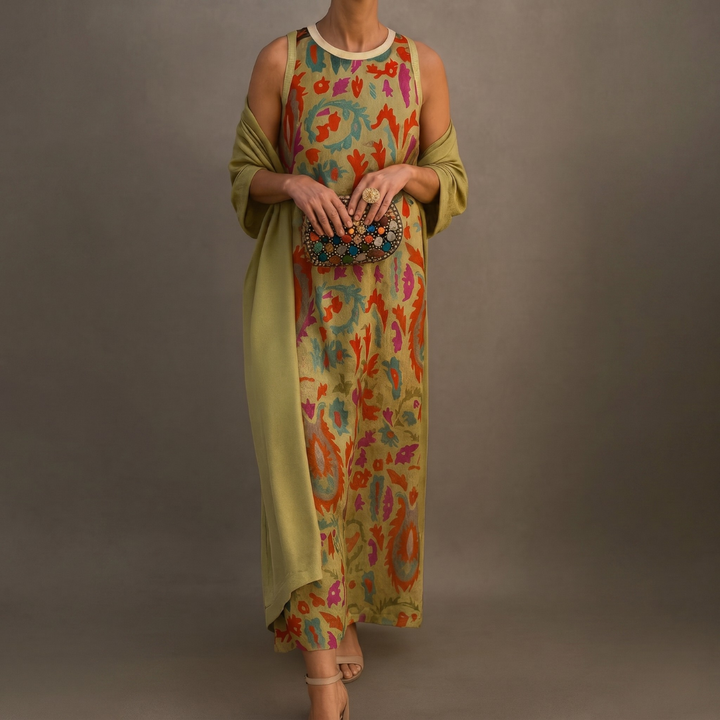 Lilith - Coordinato con abito midi stampato e cardigan lungo