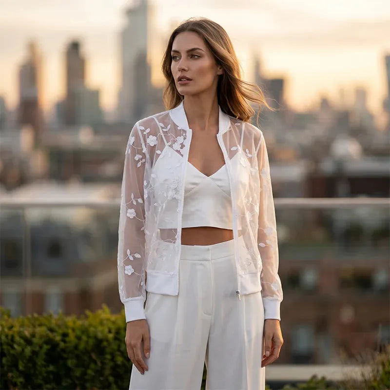 Aderisse - Cardigan trasparente con chiusura a zip e motivo floreale