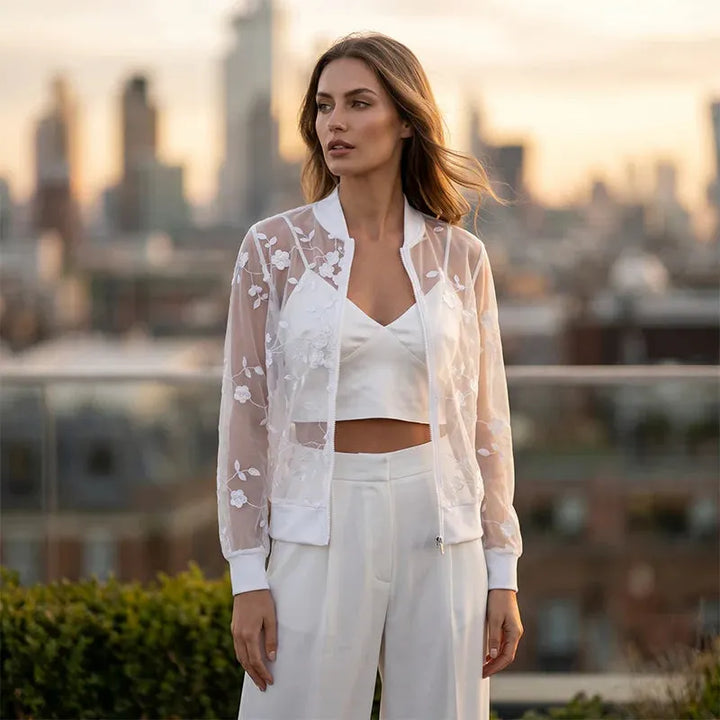 Aderisse - Cardigan trasparente con chiusura a zip e motivo floreale