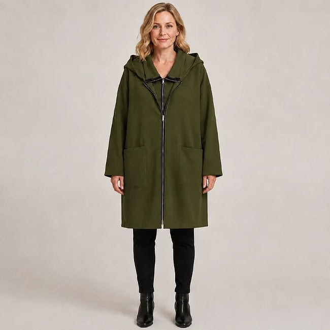 Sigrid - Cappotto con zip frontale e cappuccio, vestibilità rilassata