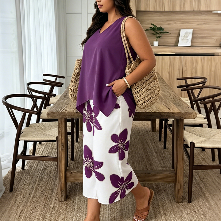 Marissa - Top asimmetrico soft touch e coordinato capri floreale