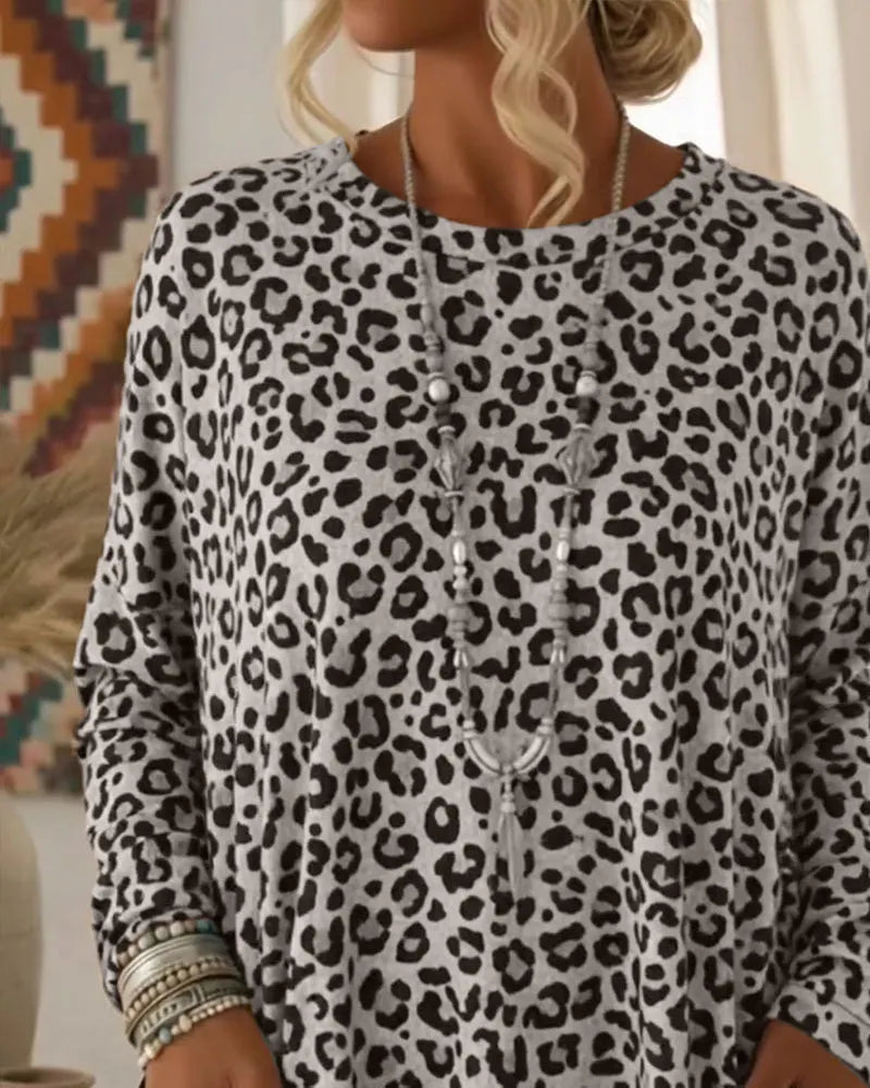 Calivelle - Maglia a maniche lunghe leopardata, al tatto morbida