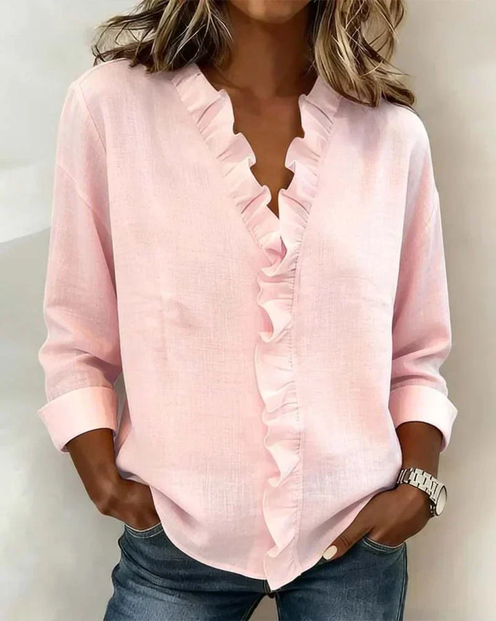 Brinae - Blusa a maniche lunghe con scollo a V arricciato, morbida al tatto