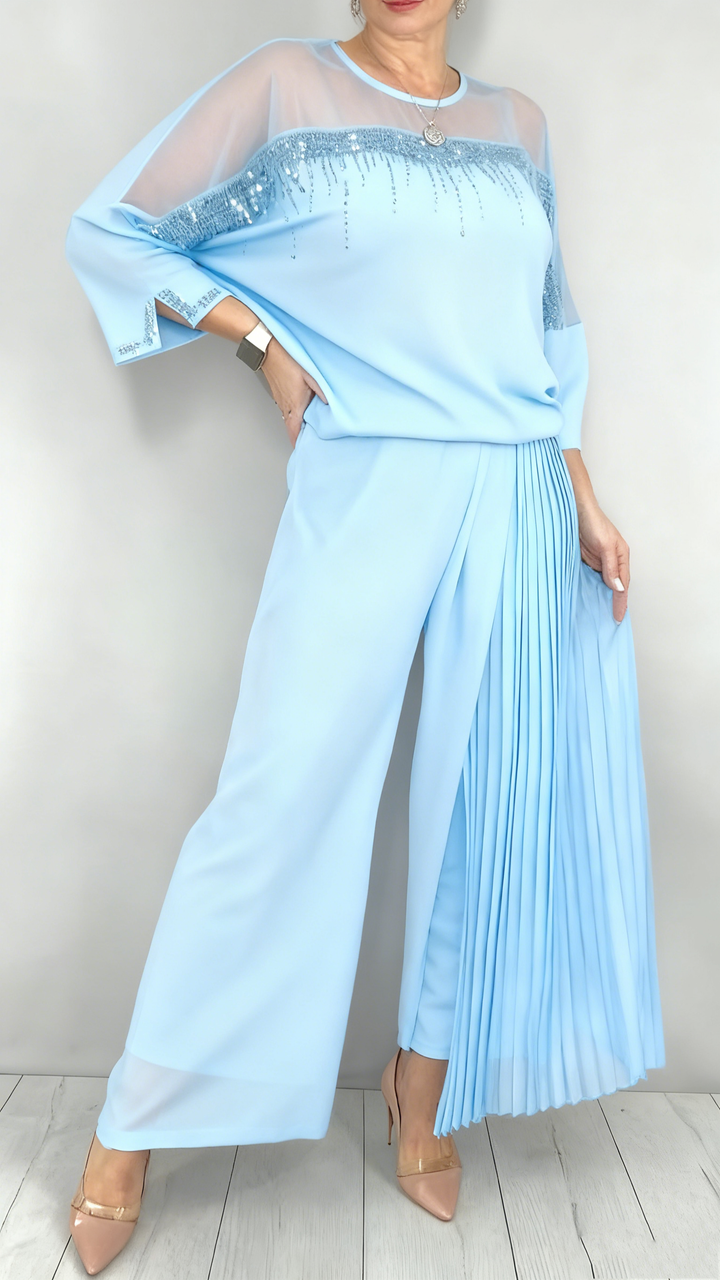 Caia - Coordinato due pezzi con pantaloni plissé decorati