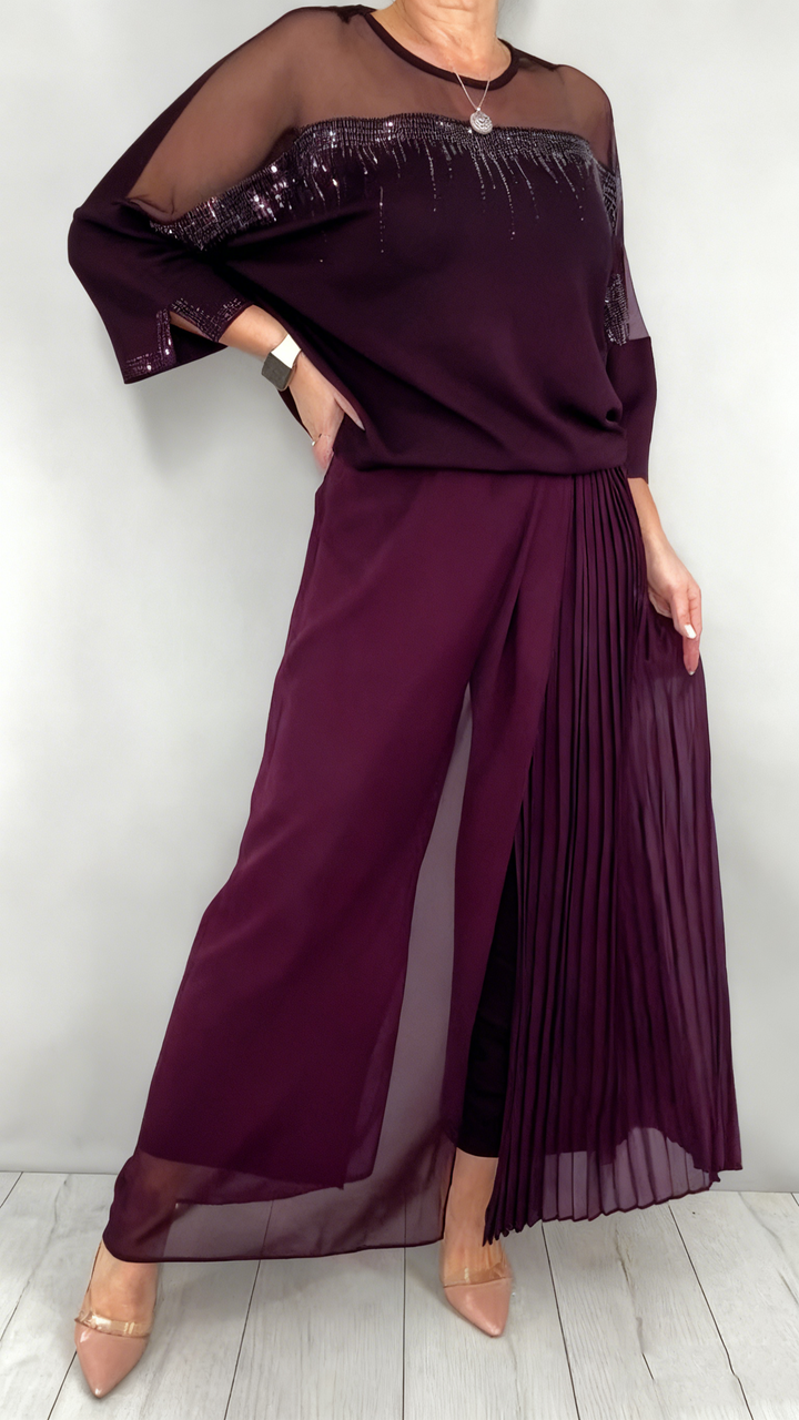 Caia - Coordinato due pezzi con pantaloni plissé decorati