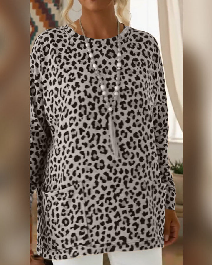 Primelia - Top a maniche lunghe leopardato, morbido al tatto