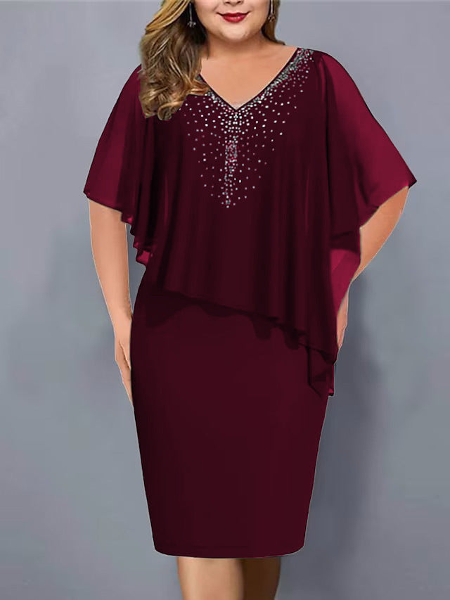 Lirienne - Abito midi in raso con scollo a V e strass di pregio