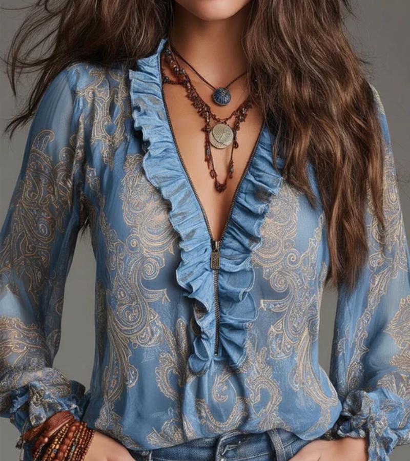 Taviana - Blusa con ruches, zip frontale e mano morbida