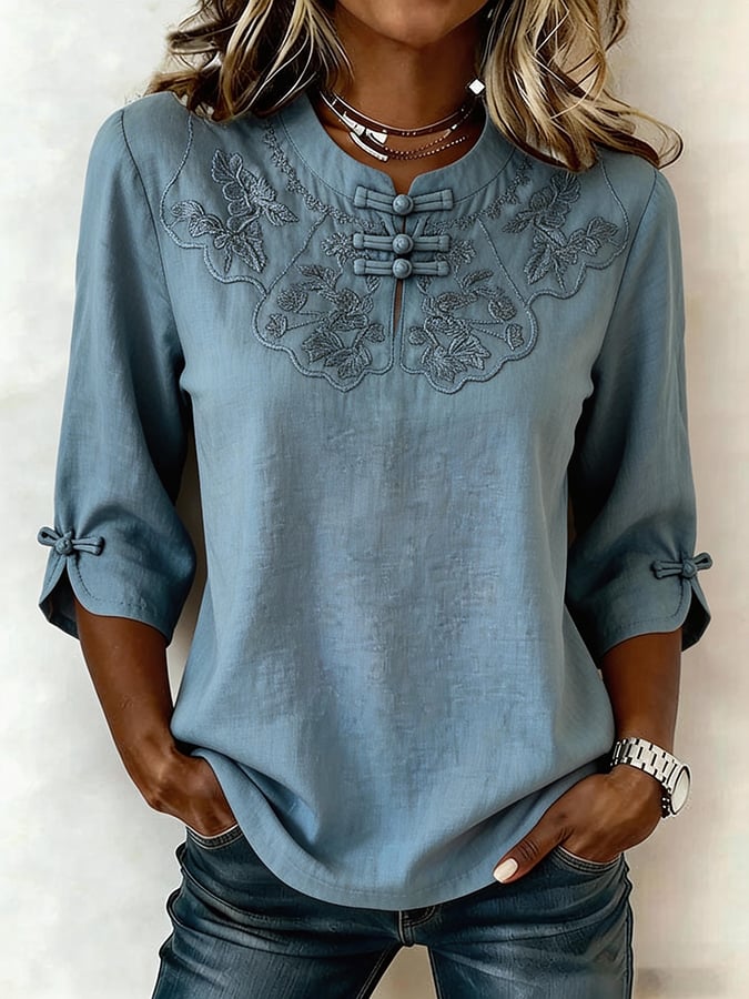 Cressida - Blusa con collo alla coreana ricamato