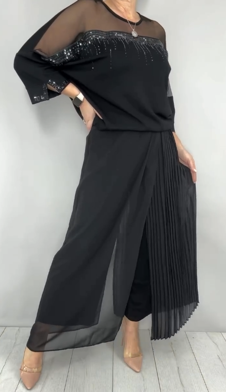 Caia - Coordinato due pezzi con pantaloni plissé decorati