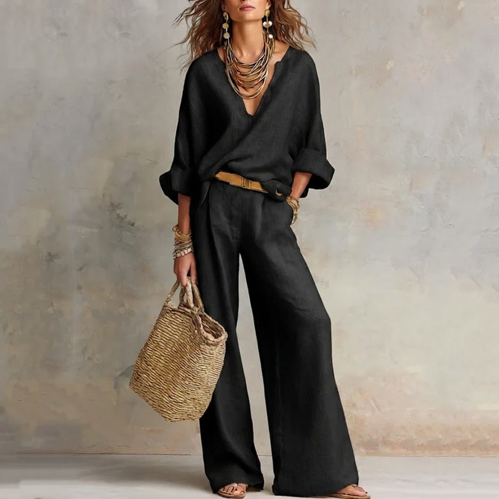 Zelora - Completo con top leggero a scollo a V e pantaloni a gamba larga