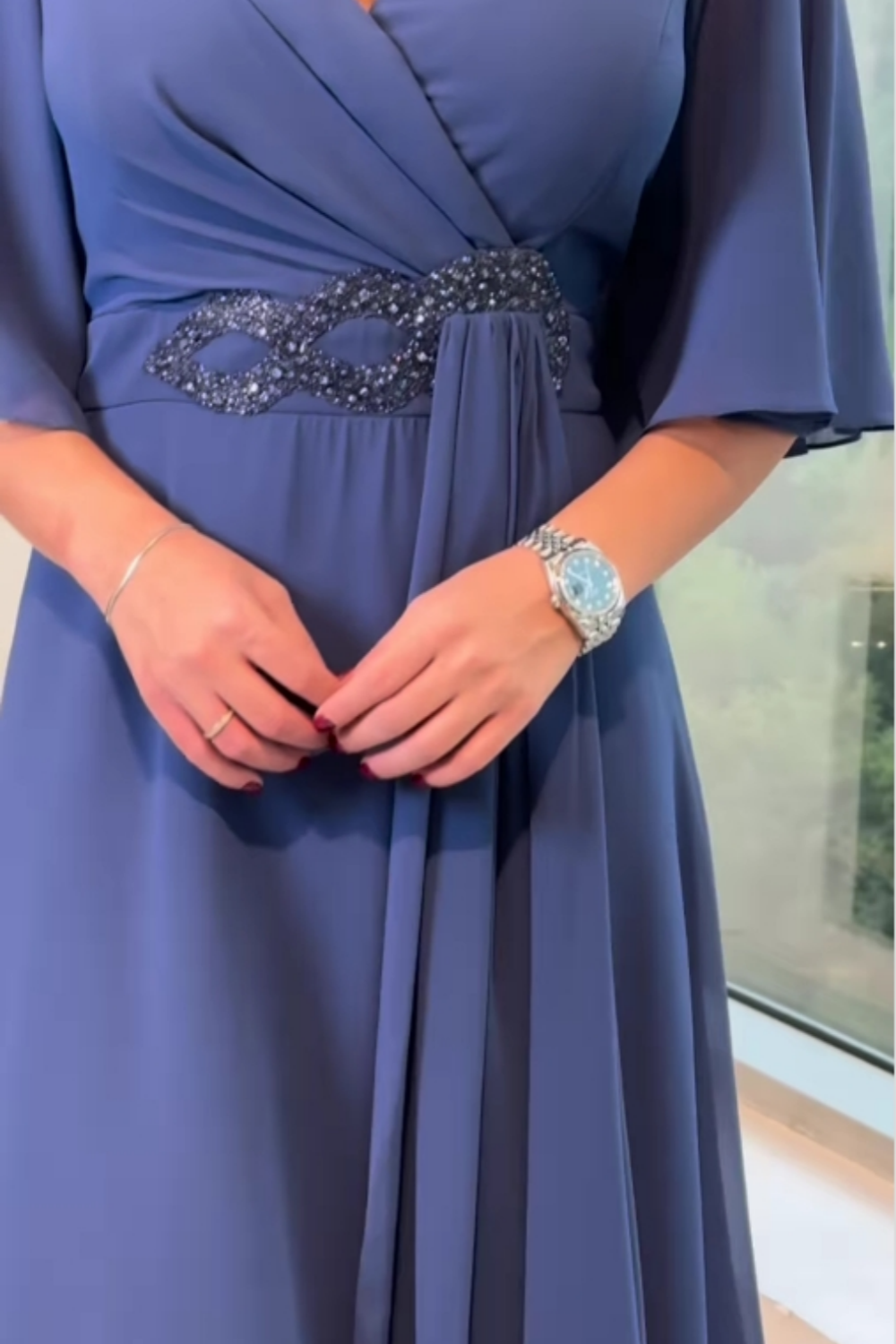Celinette - Abito lungo in chiffon con vita di cristallo