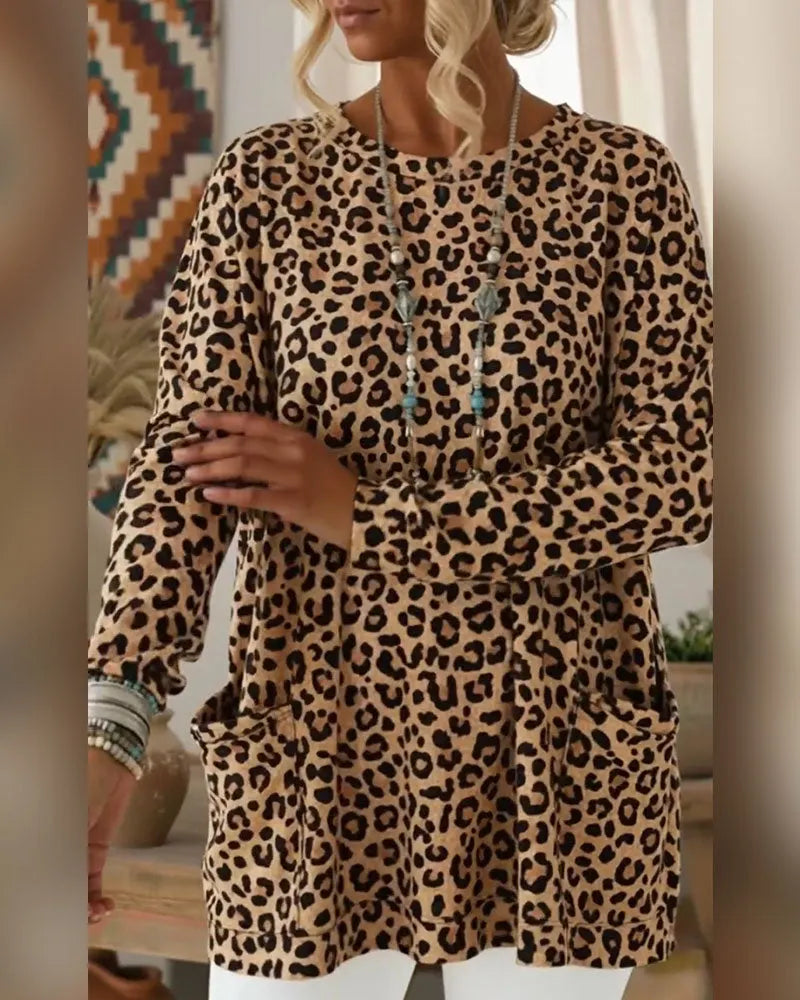Primelia - Top a maniche lunghe leopardato, morbido al tatto