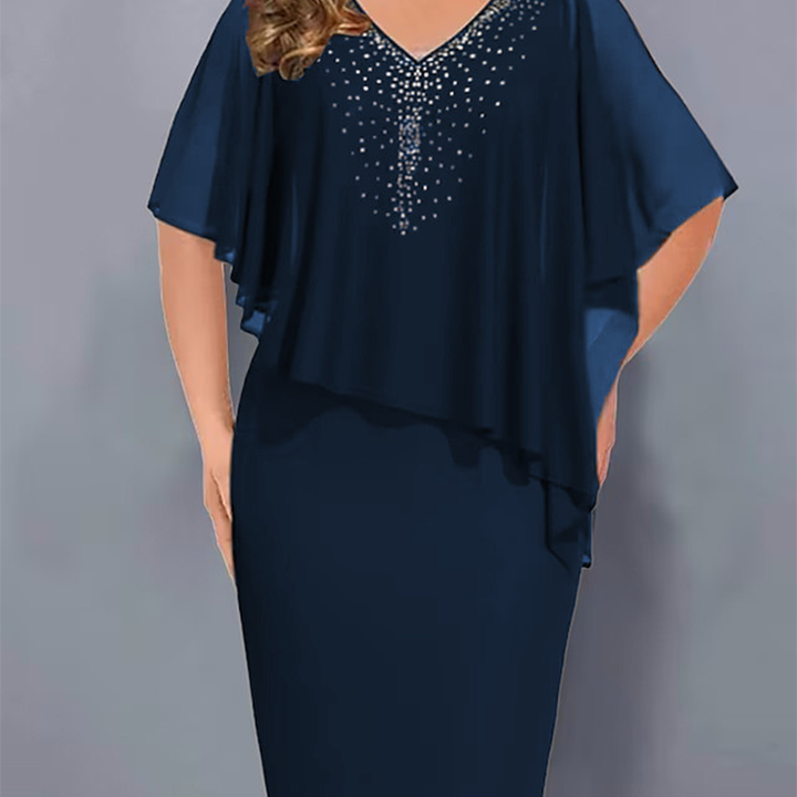 Lirienne - Abito midi in raso con scollo a V e strass di pregio