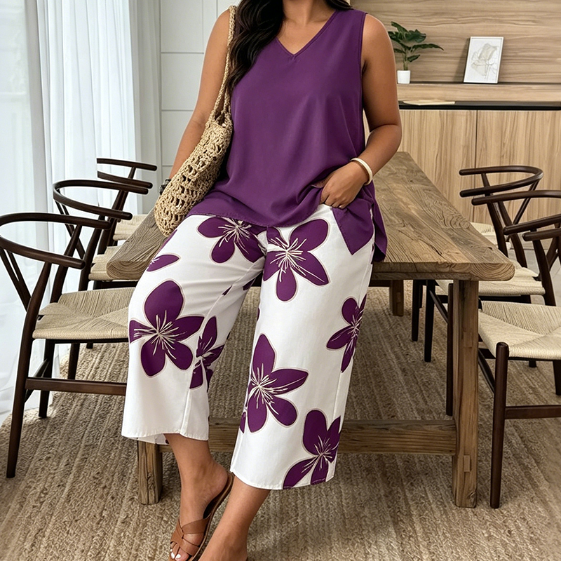 Marissa - Top asimmetrico soft touch e coordinato capri floreale