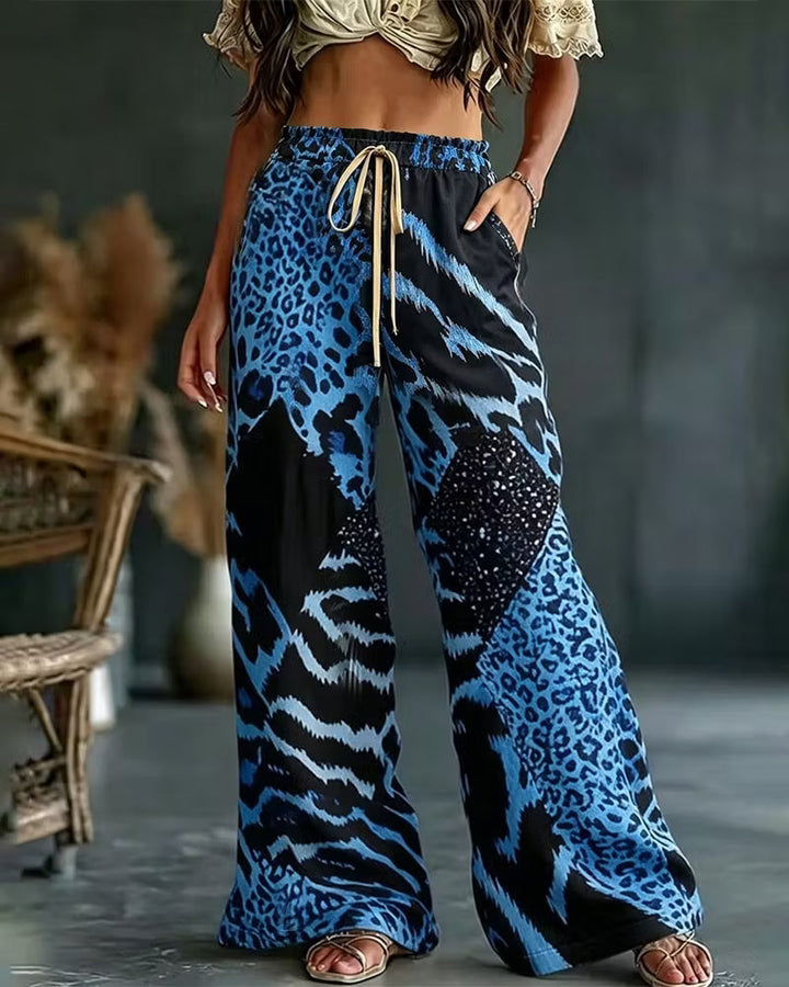 Elfrida - Pantaloni a gamba larga in patchwork leopardato, morbidi al tatto