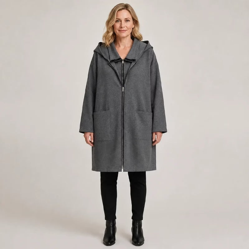 Sigrid - Cappotto con zip frontale e cappuccio, vestibilità rilassata