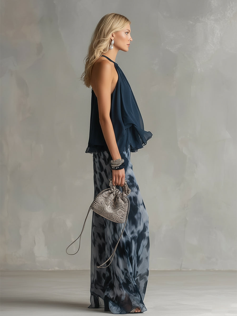 Norelda - Completo elegante con top a collo alto e pantaloni a gamba larga