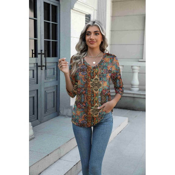 Arianwen - Blusa stampata con scollo a V dalla mano morbida
