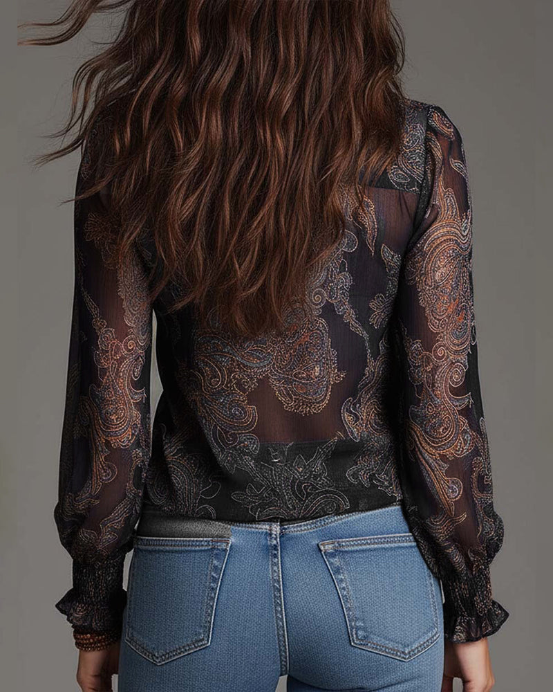 Norayi - Blusa in stampa soft-touch con maniche a volant e scollo a V