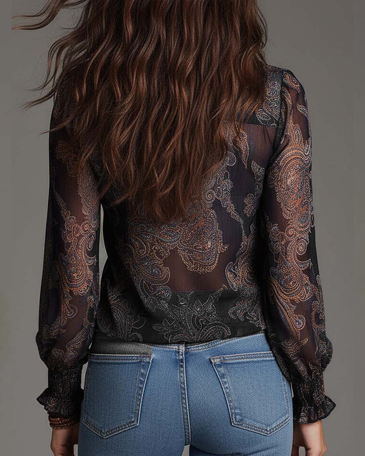 Norayi - Blusa in stampa soft-touch con maniche a volant e scollo a V
