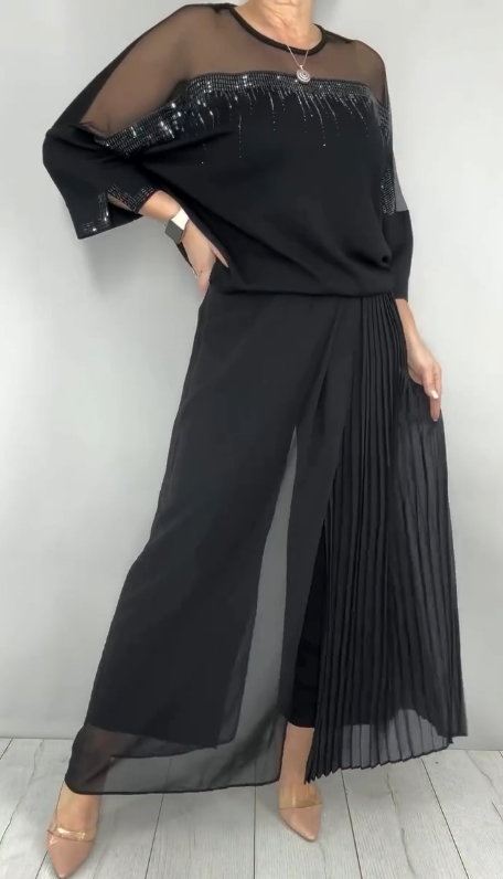 Caia - Coordinato due pezzi con pantaloni plissé decorati