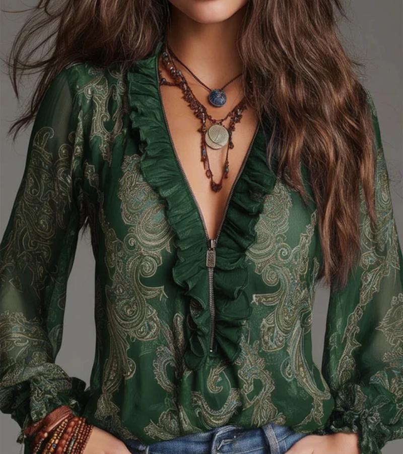 Taviana - Blusa con ruches, zip frontale e mano morbida