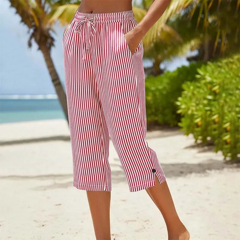 Roselina - Pantaloni capri a righe con coulisse