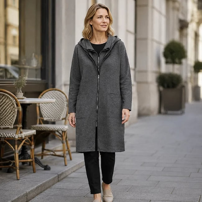 Sigrid - Cappotto con zip frontale e cappuccio, vestibilità rilassata